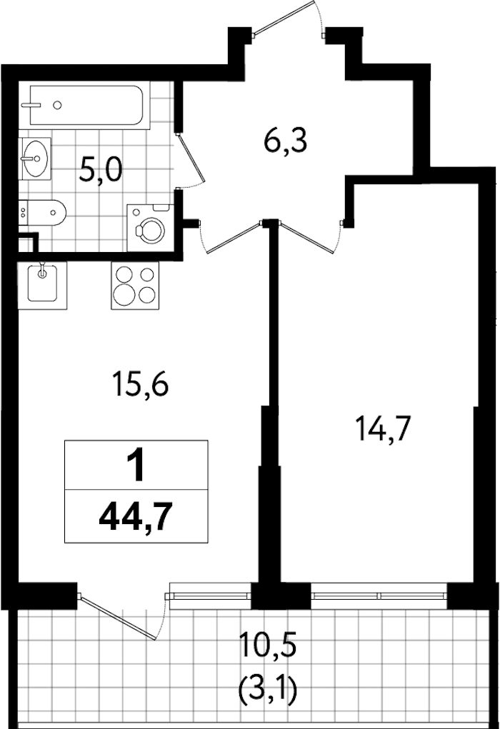 1-комнатная квартира 44.7 м², 1/12 эт., ЖК «А101 Всеволожск»